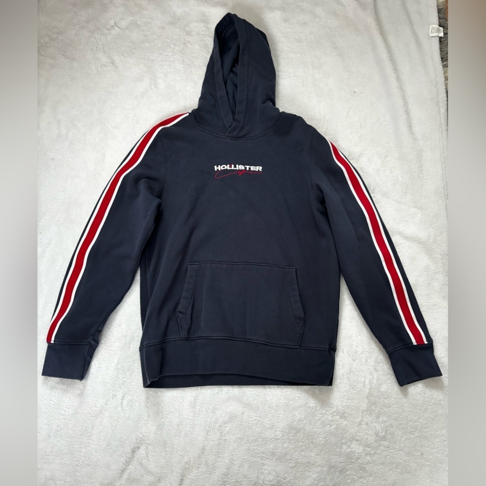 Hollister Hoodie Pullover Sweatshirt Red White Stripe Trim Mens Size S
